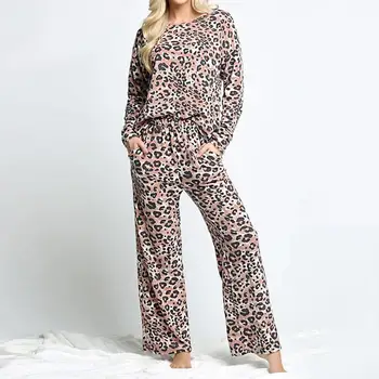 2Pcs Mulheres Pijama Conjuntos de Leopard Print Top de Manga comprida, Pulôveres Calças compridas Térmica Pijama Mulheres Pijamas Mulheres Pijama Conjuntos