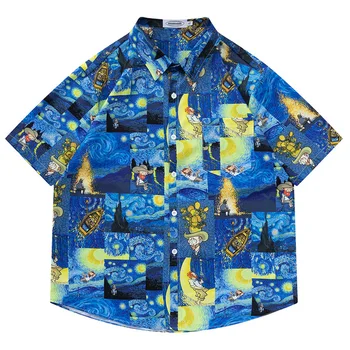 2023 Verão Unisex Harajuku Impressão Par de camisas, blusas Homens Oversize Havaí Retro Tops de Manga Curta Havaí Praia Camisas рубашка
