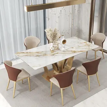 Vivenda de luxo, Sala de Jantar Swan Forma Retangular Ilha da Tabela de 1,8 m E 6 Cadeiras Conjunto de Ouro de Design Criativo em Mármore, Mobiliário