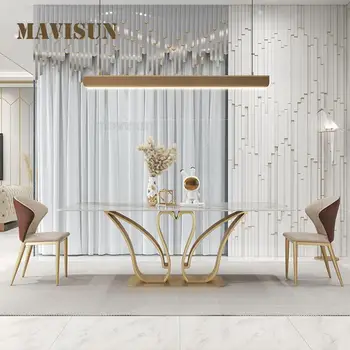 Vivenda de luxo, Sala de Jantar Swan Forma Retangular Ilha da Tabela de 1,8 m E 6 Cadeiras Conjunto de Ouro de Design Criativo em Mármore, Mobiliário