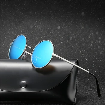 Rodada Armação de Óculos Polarizados para Homens, Mulheres, Tendência de Moda Design de Condução Automóvel de Metal Preto Azul de Óculos de Sol Óculos de Espelho 2023