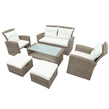 Mobília do pátio terno, de 4 peças de Outdoor Conversa Conjunto de Todos os Tempo de Vime Sofá modular com Otomano e Almofadas