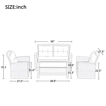 Mobília do pátio terno, de 4 peças de Outdoor Conversa Conjunto de Todos os Tempo de Vime Sofá modular com Otomano e Almofadas