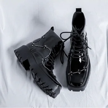 Nova Decoração da Primavera Homens Sapatos Retrô Estilo Britânico de Cabeça Quadrada Derby Tênis Minimalista Vento de Espessura Inferior de Inicialização Única D2H42