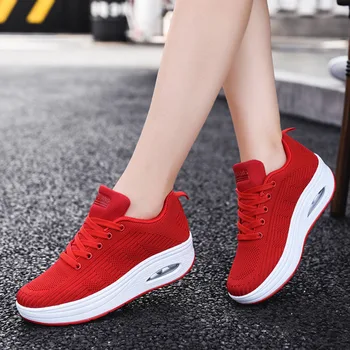 Mulheres de Plataforma Tênis Vermelho Almofada de Balanço Sapatos das Mulheres de Forma Confortável Ups Aumento da Altura do Sapatas Desportivos Sapatos Casuais