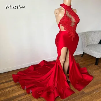Vermelho Sexy Halter Vestido De Baile, Com Fenda De Renda Frisado Sereia Da Noite De Dança Vestidos De 2023 Elegante Africana Formal, Festa De Aniversário De Desgaste