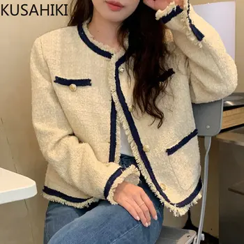 KUSAHIKI coreano Chique de Outono Inverno Bater Cor de Borla Casaco Mulher Manga Longa Breasted Único Casaco de Tweed 2023 Novo e Elegante Outwear