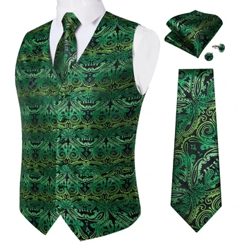 Requintado Gilet Homme masculino Verde Paisley Colete de Gravata e Lenço de Punho Definido para Negócios de Moda Colete V-pescoço Homem de Colete