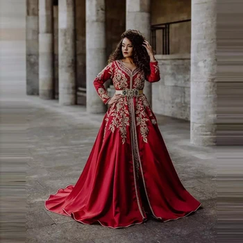 Vermelho Luxo Muçulmano Vestido de Noite para Mulheres de Uma linha-V-pescoço com Mangas Longas Apliques Partido Ocasião Formal للحفلات الراقص فساتين طويلة
