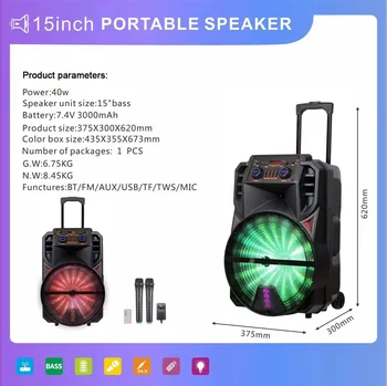 15 polegadas de Alta Potência, alto-Falante Bluetooth Cor do LED Piscando de DJ alto-Falante Portátil Exterior Karaoke Subwoofer Com Microfone Duplo