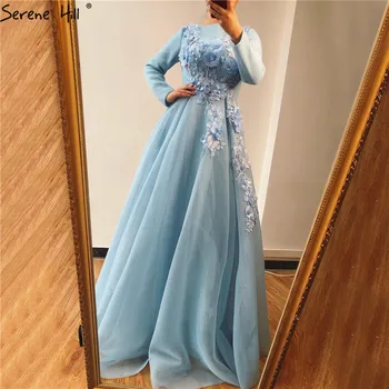 Muçulmano Azul de Mangas compridas, Vestidos de Baile de Design de Flores feitas à mão Pérolas de Uma Linha de Vestidos de Baile De 2023 Sereno Hill BLA70114
