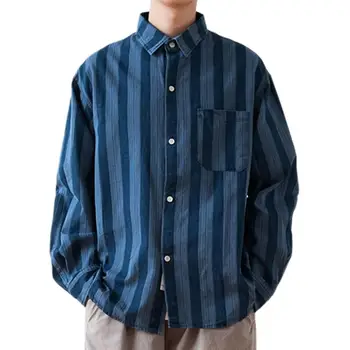 Homens Com Listras Verticais Azuis, Camisa De Mangas Compridas Japão Estilo Virada Para Baixo De Gola 95% Algodão, Camisas Casuais Solto