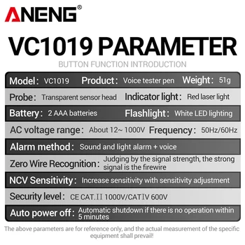 ANENG VC1019 Inteligente de Transmissão de Voz Testador Caneta 12-1000V Tensão Detector de Volts de Corrente Eléctrica Testador de Medidor Ferramenta