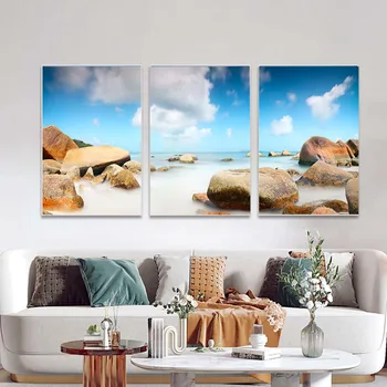 3PCS HD de Impressão Paisagem do Céu de Nuvem Pedras vista para o Mar Pintura a Óleo sobre Tela Cartaz de Parede Moderno Imagens de Arte para o Sofá de Casa Decoração