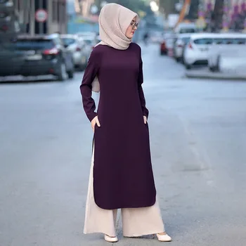 As Mulheres muçulmanas 2Pcs Tops + Calças 2023 Verão Turquia Abaya Divisão Superior Vestidos de Ramadã Kaftan de Vestuário Islâmico Conjuntos de Vestido Modesto