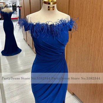 Manto Femme Chic E Elegante De Convidados Do Casamento De Vestido De Festa De Pena Azul Royal Sereia Vestidos De Noite Fora De Ombro 2023 Nova Chegada