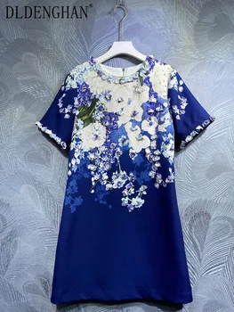 DLDENGHAN Primavera Verão as Mulheres O Vestido com Decote Manga Curta Beading Apliques Vintage Impressão de Mini Vestidos de Designer de Moda de Nova