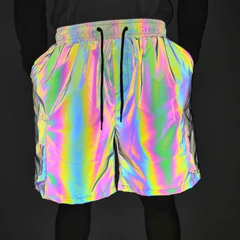 Homens colorido reflexiva shorts de carga multi-bolsos de cintura elástica de mens hip hop shorts ocasionais de rua de calça curta, bermuda masculina