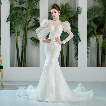 SL-9182 Lindo Vestido de Noiva Sereia 2023 Puff Manga Longa a Nova Chegada de Luxo de Rendas Frisado Design para a Noiva vestido de noiva