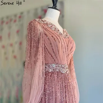 Dubai Design cor-de-Rosa com Decote em V 2023 Vestidos de Noite de Cetim com Mangas Longas Luxo Vestido Formal Sereno Hill LA60948