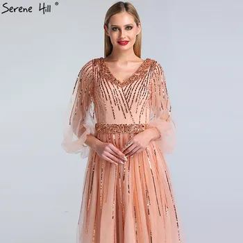 Dubai Design cor-de-Rosa com Decote em V 2023 Vestidos de Noite de Cetim com Mangas Longas Luxo Vestido Formal Sereno Hill LA60948