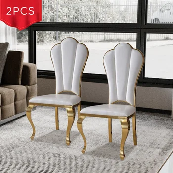 2 PCS Cadeira de Jantar Mooden Meados do Século Estilo com Branco de Couro Pu de Ouro Stanless pernas de Aço Totalmente Montada