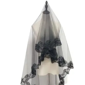 Uma Camada De Mulheres Garota Mantilha Negra Véu De Noiva Bordado Floral Lace Trim Halloween Traje Cosplay Pura Acessórios De Cabelo