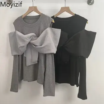 Moyizif Chique Mulheres T-shirt Arco O-pescoço para Fora do Ombro Solto e Casual T-Shirt Estilo coreano Knitwears T-shirts 2023 Feminino Roupas Tops