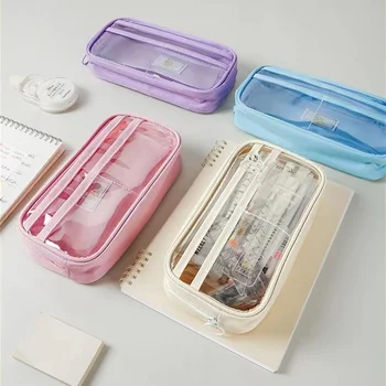 Transparente caixa de Lápis Caneta, Saco de Simples Ins Design de PVC de várias camadas de Bolsa de Armazenamento para artigos de Cosmética Organizador