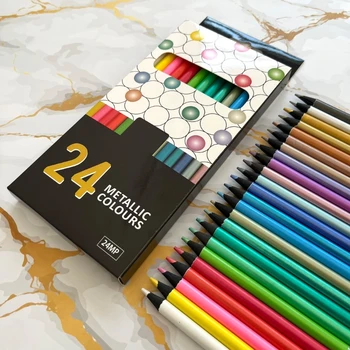 24 Cores Sortidas Metalizado Lápis de cor de Madeira Preto de Desenho Lápis de Desenhar Lápis de Arte Lápis para Crianças para Adultos