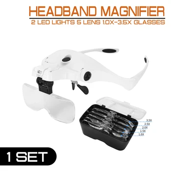 Suporte ajustável Lupa Lupa de Cabeça 2 Luzes LED 5 Lente 1.0 X 3,5 X Óculos e de Carga USB Óculos de Mão de Instrumento