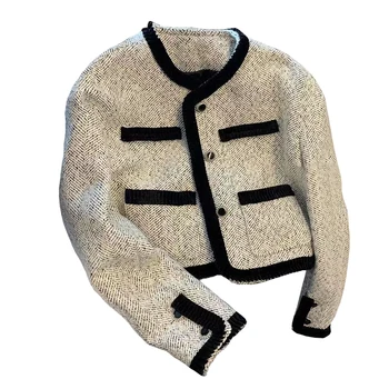 AZYT Outono Streetwear Casaco de Mulher Pequena Fragrância de Lã Curto Casacos Feminino, O Pescoço Botão de Casacos Feminino 2023
