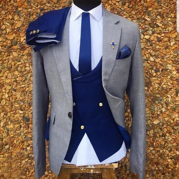 3 peças Cinza Casamento Smoking para os Homens, Ternos Formais Conjunto Jaqueta Double Breasted Colete com Azul Royal Calças de Moda Masculina Traje