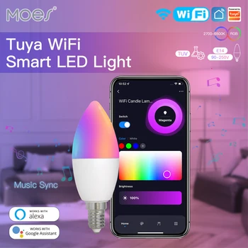 MES wi-Fi Smart LEDLight do Bulbo E14 conduziu a Lâmpada da Vela 16Million RGBCCT 2700-6500K Dimmable Luz dos Candelabros Tuya Alexa Google 90-250V 6W