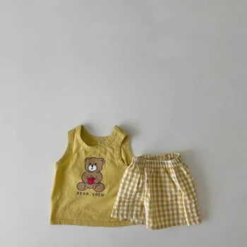 2023 Verão Bebê, Roupas sem Mangas Conjunto Infantil Menino Bonito Urso Imprimir Colete + Shorts 2pcs Terno de Algodão de Criança Roupas de Menina