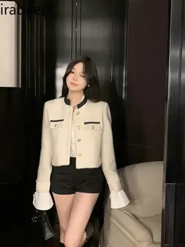 Irabeezt Vintage Coats O-pescoço Longo da Luva Bolsos Branco Solto Casaco coreano Moda Inverno Curto Jaquetas de 2023 Vestuário Feminino Tops