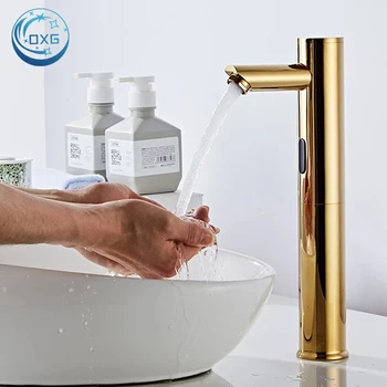 OXG de Ouro/Preto-Sensor Inteligente de casa de Banho Bacia Torneira com Sensor Automático Torneira de Água Fria Quente Misturador de Guindaste Torneira do Banheiro de 31,2 cm