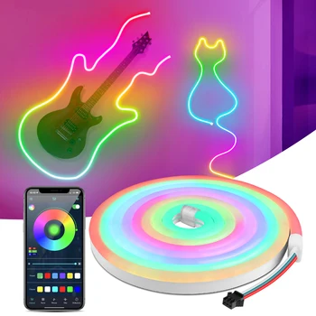LED Neon RGBIC Luzes de Tira o Smart APP Bluetooth Contral Dreamcolor Perseguindo Efeito Flexível Fita Voz de Controle ao ar livre Lâmpadas de Parede