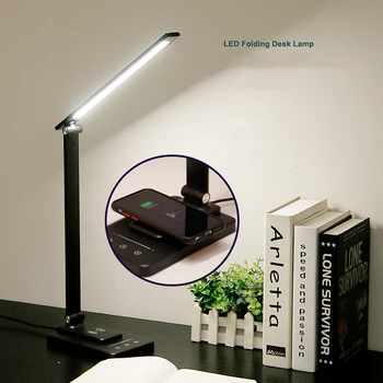 LED Mesa de Leitura, Lâmpada de 5W QI para Carregamento sem Fios Controle do Toque de Temporização Regulável Olho Cuidados Lâmpada de Mesa Quarto Estudo da Lâmpada da Luz