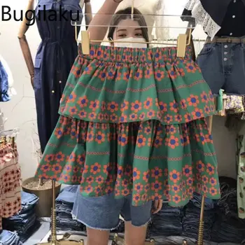 Bugilaku Babados Patchwork Doce Saias das Mulheres de Cintura Alta, Uma linha de Mini Jupe Femme Estilo coreano Flor Impresso Moda Faldas Mujer