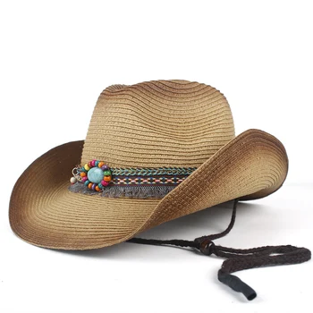 Western Chapéu de Cowboy Mulheres de Verão de Palha Boêmio de Borla Sombrero Hombre Praia em reverssa Jazz Chapéu de Sol de Tamanho 57-59CM