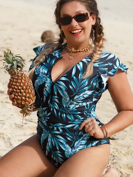 2023 Zíper Babados Mulheres de Maiô Grande Tamanho de Impressão de Um Pedaço Swimwear das Mulheres Beachwear Monokini Brasileira trajes de Banho