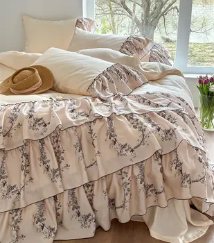 Fairyfair pastoral flor conjunto de roupa de cama da menina,completo, rainha, rei elegante incomum plissado têxteis lar lençol fronha capa de edredão