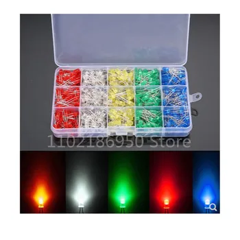 500 peças de F5 5mm LED light-emitting diode em caixa emissor de luz do tubo vermelho, branco, verde, amarelo e azul, 100 peças por cor