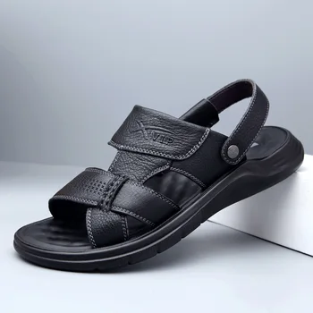 Couro de grão integral de homens sandálias preto marrom pescador sapatos de massagem sandália