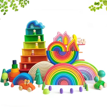 DIY para crianças de madeira de brinquedo criativo empilhados arco-íris construção de blocos de tamanho grande montessori brinquedos educativos para crianças