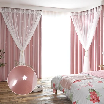 Fashion estilo coreano-de-rosa oca star crianças cortinas de camada dupla preto janela de cortinas para sala de estar decorativa