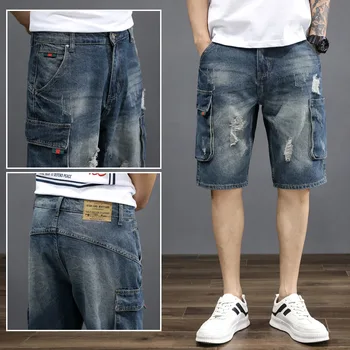 Verão Streetwear Carga Shorts Jeans Moda masculina da Marca Retro Multi-bolso de Calça Curta, Casual Tendência dos Homens de Short Jeans Masculino