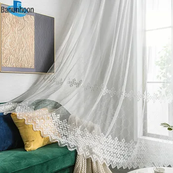 Estilo chinês geométricas bordado gaze cortinas de tule branco de tecido sala de estar, quarto, varanda