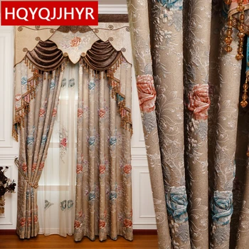 Marrom europeu de luxo 3D em relevo jacquard quarto Florais cortinas de alta qualidade clássico decorativos, sala de estar/Hotel cortina